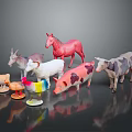 Colorful Plastic Animal Toys Set Featuring Horse Goat Chicken Pig Cow And Duck On Reflective Surface