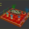 Casino Poker Table And Blue Chairs In Setting With Red Carpet And Decorative Plants