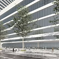 Modern High rise Office Building With Glass Curtain Wall Greenery Pedestrians And Signage