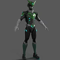 Futuristic Green And Black Armored Character With Neon Accents And Tech Details