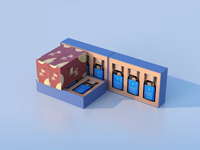 Elegant Gift Box With Blue Bottles And Red Gold Pattern Packaging 3d model