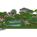 Multiple Detached Villas Community With Greenery Ponds Winding Paths And Parking Area