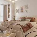 Modern White Bedroom Interior With Cozy Bed Bookshelves Artwork And Soft Lighting Rug