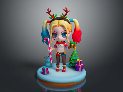 Chibi Game Movie Character With Reindeer Antlers Pigtails Candy Cane Christmas Tree And Gifts 3d model