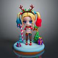 Chibi Game Movie Character With Reindeer Antlers Pigtails Candy Cane Christmas Tree And Gifts
