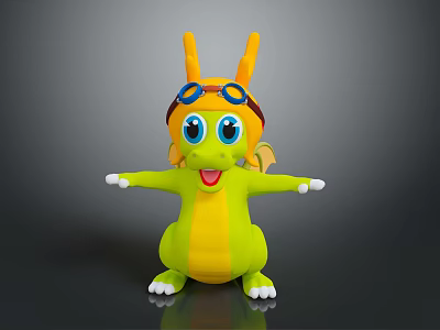 Cute Green Cartoon Dragon Toy With Goggles Yellow Belly And Outstretched Arms 3d model
