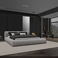 Modern Double Bed with Plush Headboard Soft Bedding Pillows and Bedside Lamp on Beige Rug