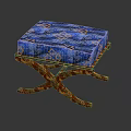Elegant Blue Floral Patterned Ottoman with Brown Decorative Carved Wooden Legs