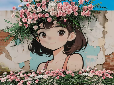 Vibrant Feature Wall with Mural of Smiling Girl and Pink White Flowers Against Blue Sky 3d model