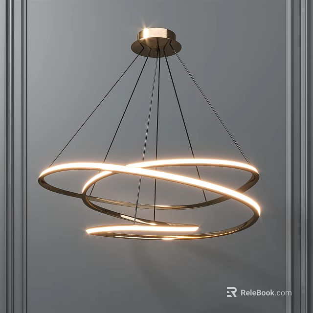 Modern Ring Chandelier Design with Intertwined Metal Rings and Illuminated Bands 3d model 