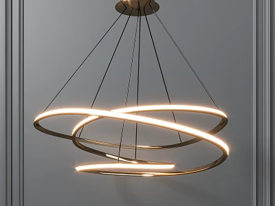 Modern Ring Chandelier Design with Intertwined Metal Rings and Illuminated Bands 3d model