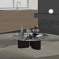 Round Marble Coffee Table With Wine Bottles Glasses Dark Cabinets And Woven Rug Decor