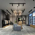 Clothing Store Interior With Open Layout Hanging Clothes Display Racks And Staircase Lighting