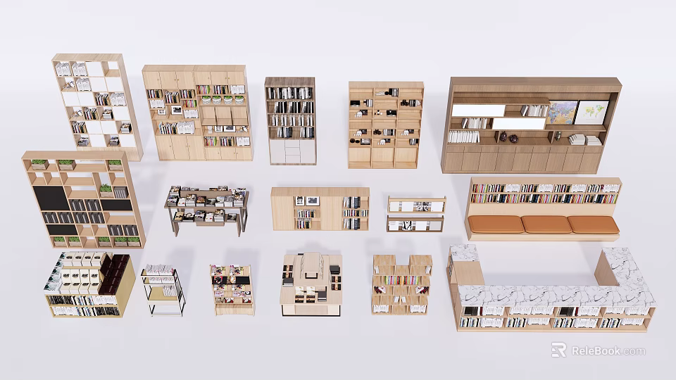 Various Modern Bookcase Designs With Wooden Shelves Storage Compartments And Sizes 3d model