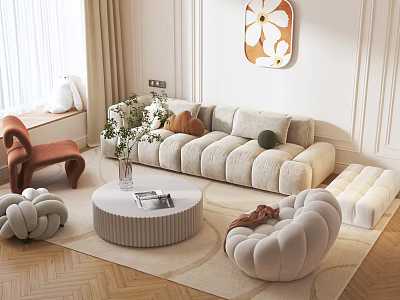 Beige Sofa and Round Coffee Table Set With Plush Cushions and Decorative Painting 3d model