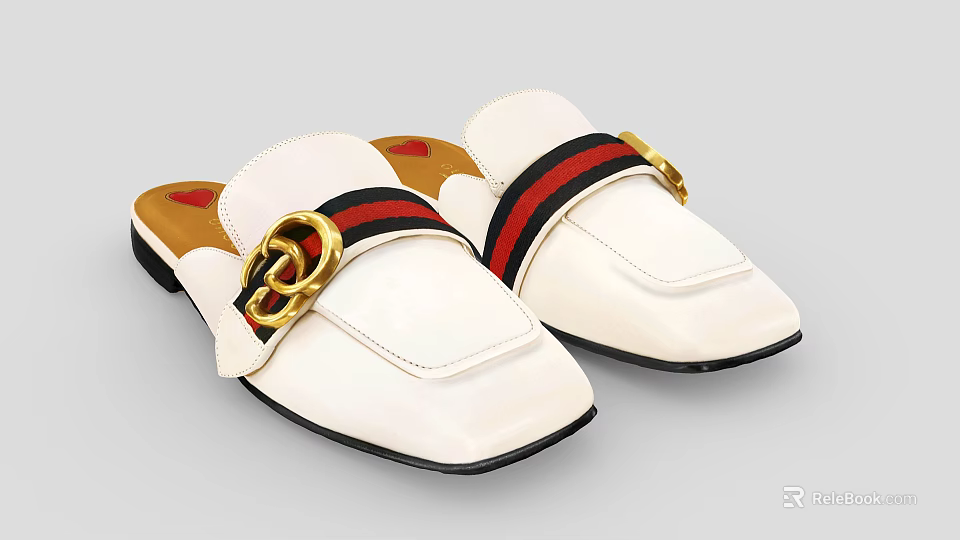 Stylish White Slippers Featuring Gold Metal Buckle And Red Black Stripes 3d model 