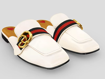 Stylish White Slippers Featuring Gold Metal Buckle And Red Black Stripes 3d model
