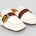 Stylish White Slippers Featuring Gold Metal Buckle And Red Black Stripes