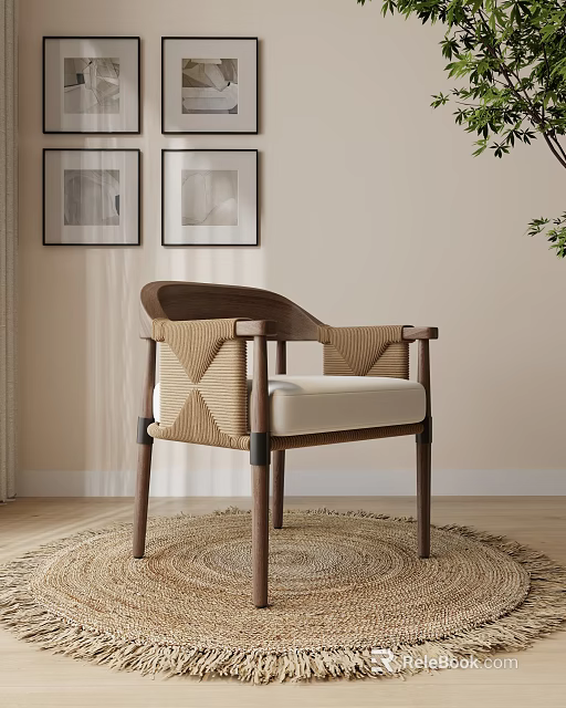 Wooden Dining Chair Featuring Woven Backrest Armrests And Light Seat Cushion 3d model 