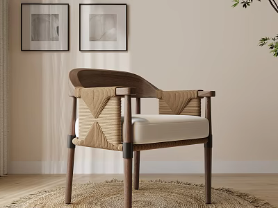 Wooden Dining Chair Featuring Woven Backrest Armrests And Light Seat Cushion 3d model