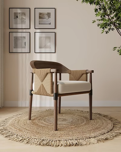 Wooden Dining Chair Featuring Woven Backrest Armrests And Light Seat Cushion 3d model