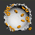 Orange Donuts Splashing in White Milk with Blue and White Patterned Bowl