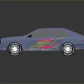 Blue Car with Colorful Flame Decals and Stylish Rims 3D Render