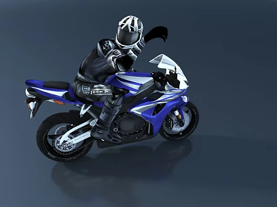 Sleek Blue and White Motorcycle with Rider in Black Leather Suit and White Helmet 3d model