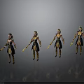 Female Characters Wearing Gold And Black Armor Holding Spears Standing Against Grey Background
