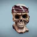 Human Skull Wearing Red Brown Headscarf With White Stripes On Wooden Base Decoration