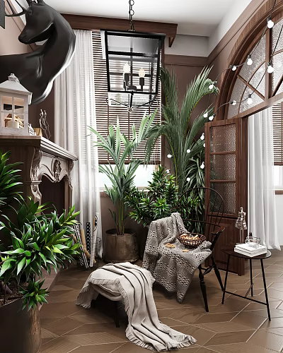 Cozy Home Balcony With Lush Greenery Palm Ferns Wooden Arched Door Wicker Chair String Lights 3d model