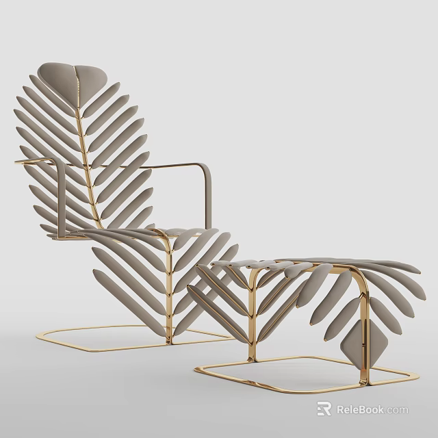 Leaf Shaped Leisure Chair With Gold Metal Frame and Matching Ottoman Design 3d model 