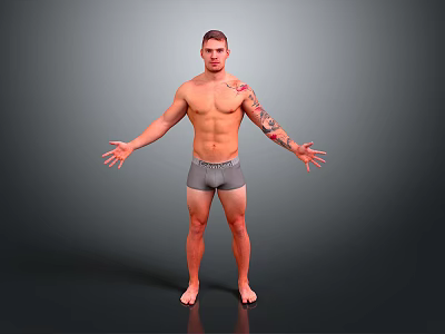 Shirtless Man With Arm Tattoos Standing In Gray Shorts And Arms Outstretched Against Gray Background 3d model