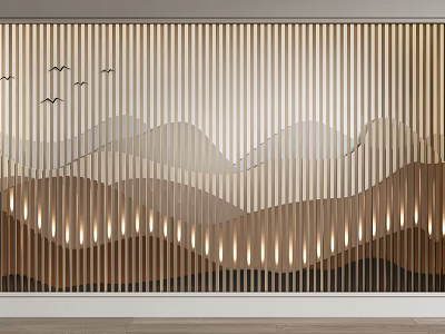 Modern Bed Background Wall With Wooden Stripes Wavy Patterns And Warm Embedded Lighting 3d model