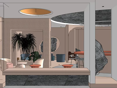 Modern Milk Tea Shop Interior Design With Green Plants Round Ceiling Lights And Comfortable Seating 3d model
