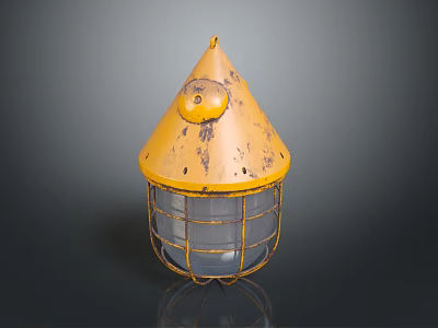Vintage Industrial Furniture Style Lighting With Yellow Conical Top And Rustic Metal Cage Design 3d model