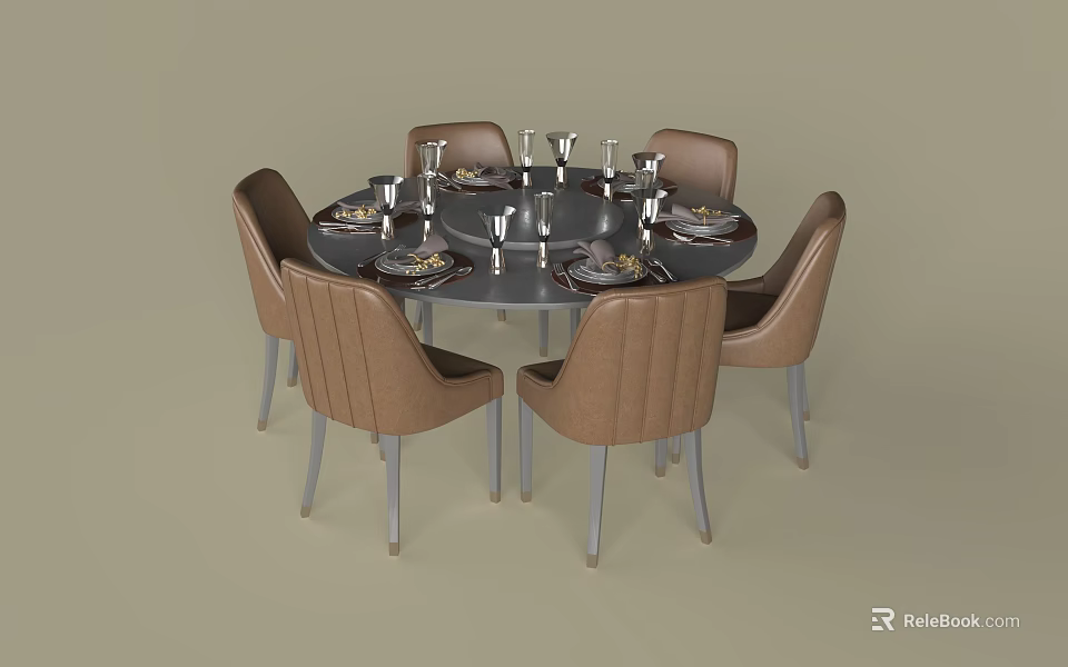 Round Dining Table Set With Six Brown Chairs Silver Legs Tableware And Wine Glasses 3d model 