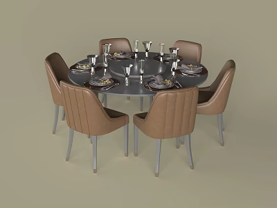 Round Dining Table Set With Six Brown Chairs Silver Legs Tableware And Wine Glasses 3d model