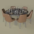 Round Dining Table Set With Six Brown Chairs Silver Legs Tableware And Wine Glasses 3d model
