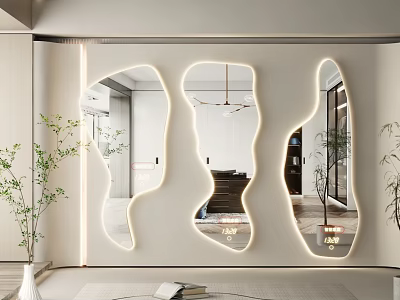 Modern Interior Design With Irregular Shaped Mirrors Backlit By LED Lights 3d model