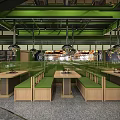 Modern Food Service Kitchen with Green Accents Multiple Counters and Food Display Areas