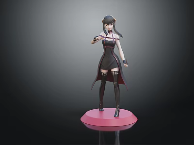 Anime Female Character Figure In Black Dress With Knee High Boots And Pink Base 3d model
