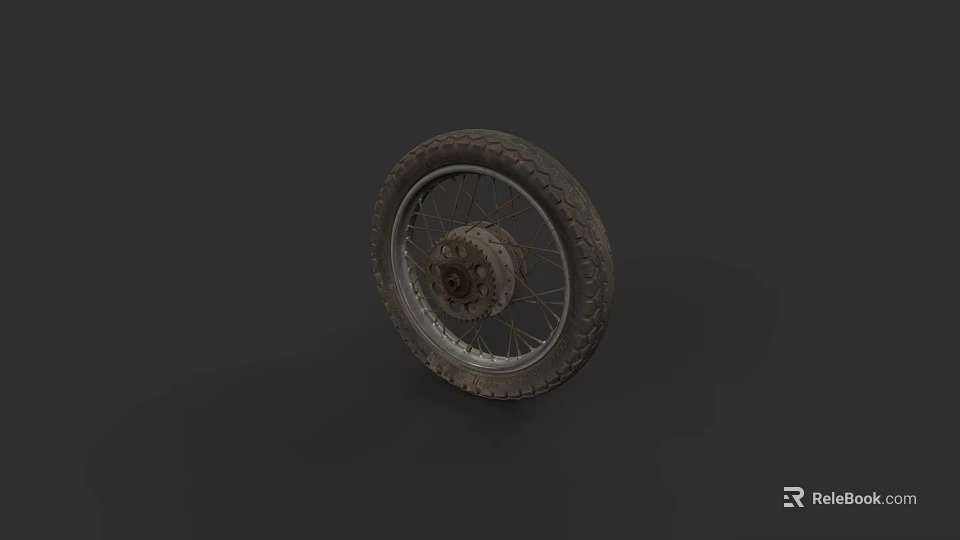 Worn Motorcycle Tire With Tread And Metal Rim On Dark Background 3d model 