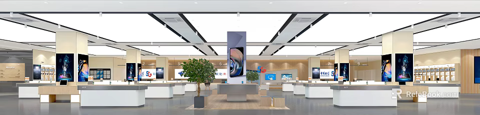Bright Modern Digital Store With Large Screen Smartphone Displays And White Counters With Green Plants 3d model 