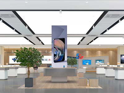 Bright Modern Digital Store With Large Screen Smartphone Displays And White Counters With Green Plants 3d model