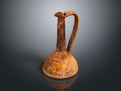 Ancient Terracotta Carved Pottery Jar With Long Neck And Curved Handle 3d model