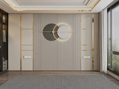 Modern Elegant Bedroom Accent Wall With Gray Fabric Gold Lines Circular Decor And Light Strip 3d model