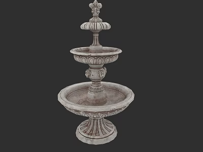 Park Landscape Featuring Ornate Three Tiered Stone Fountain With Sculpted Base And Intricate Design Elements 3d model