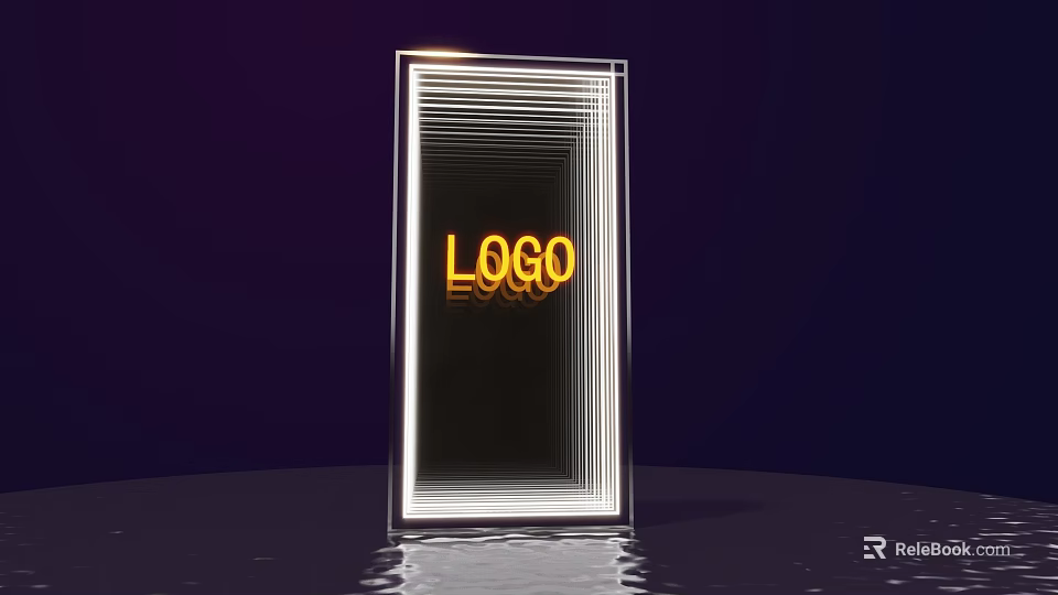 Transparent Cube Neon LOGO Photo Check in Spot With Purple Background And Water Reflection 3d model 
