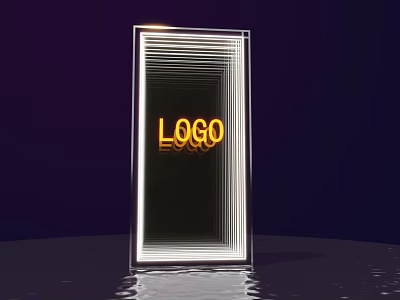 Transparent Cube Neon LOGO Photo Check in Spot With Purple Background And Water Reflection 3d model